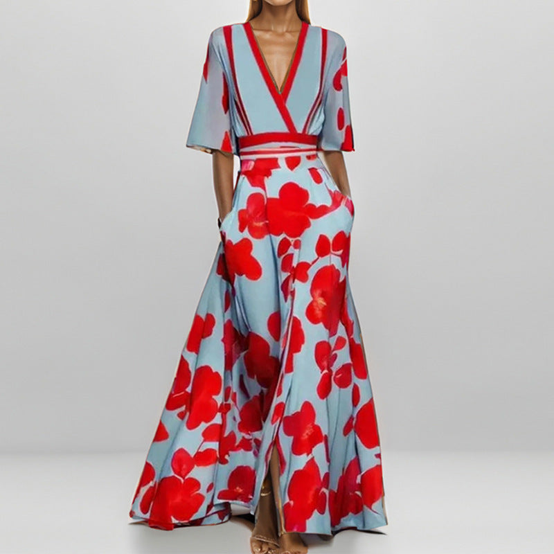 Vestido estampado con cuello en V y manga tres cuartos