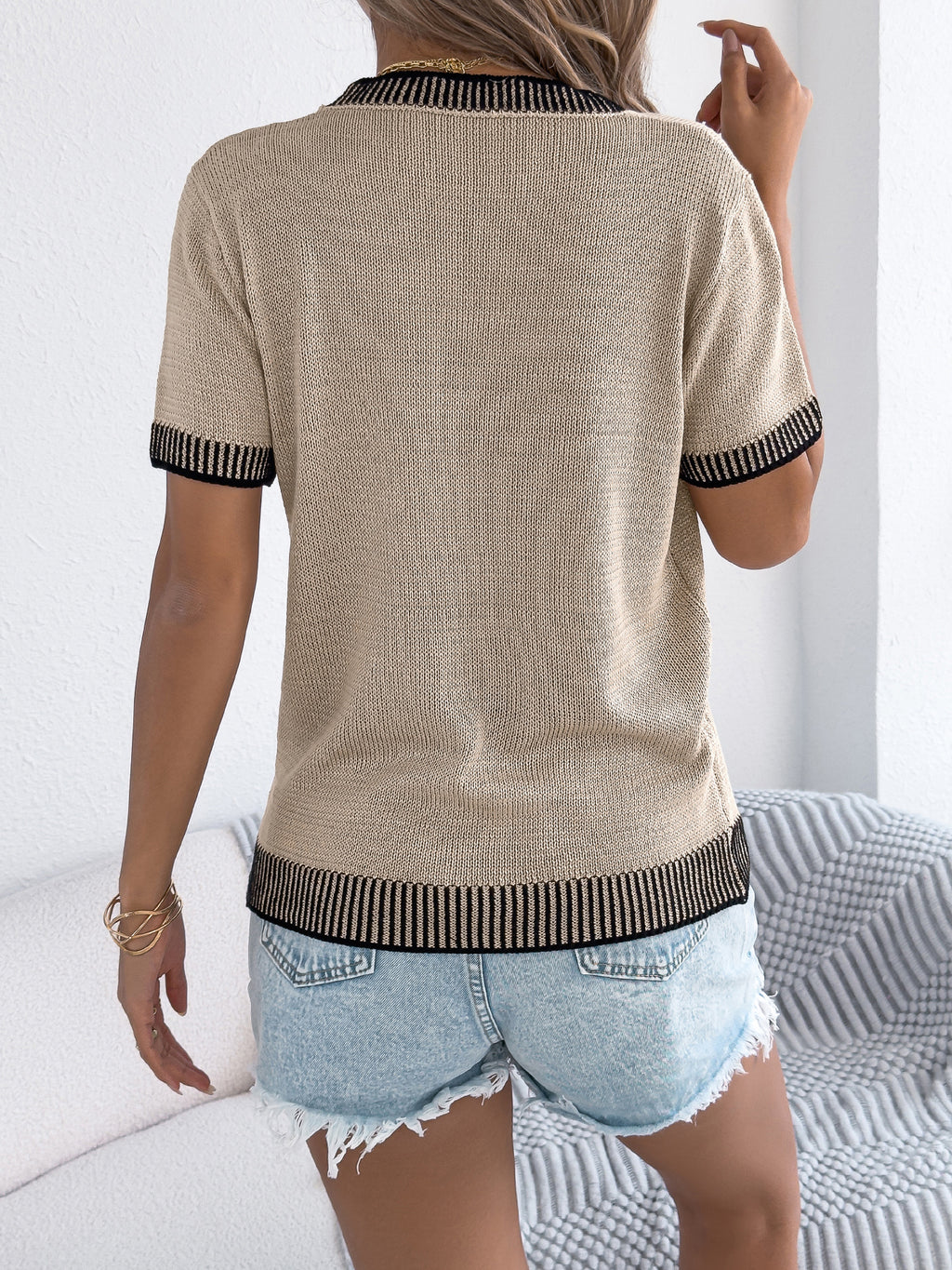 Color Block Striped Knit Top with Pocket