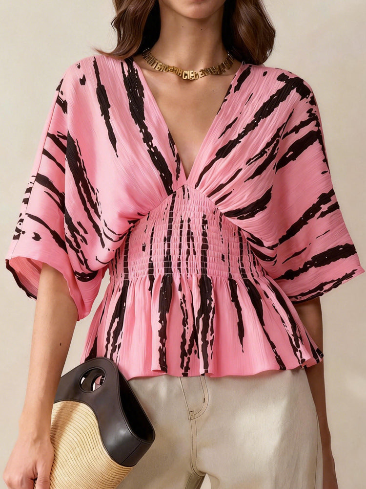 Top Estampado Holgado con Escote en V y Mangas 3/4