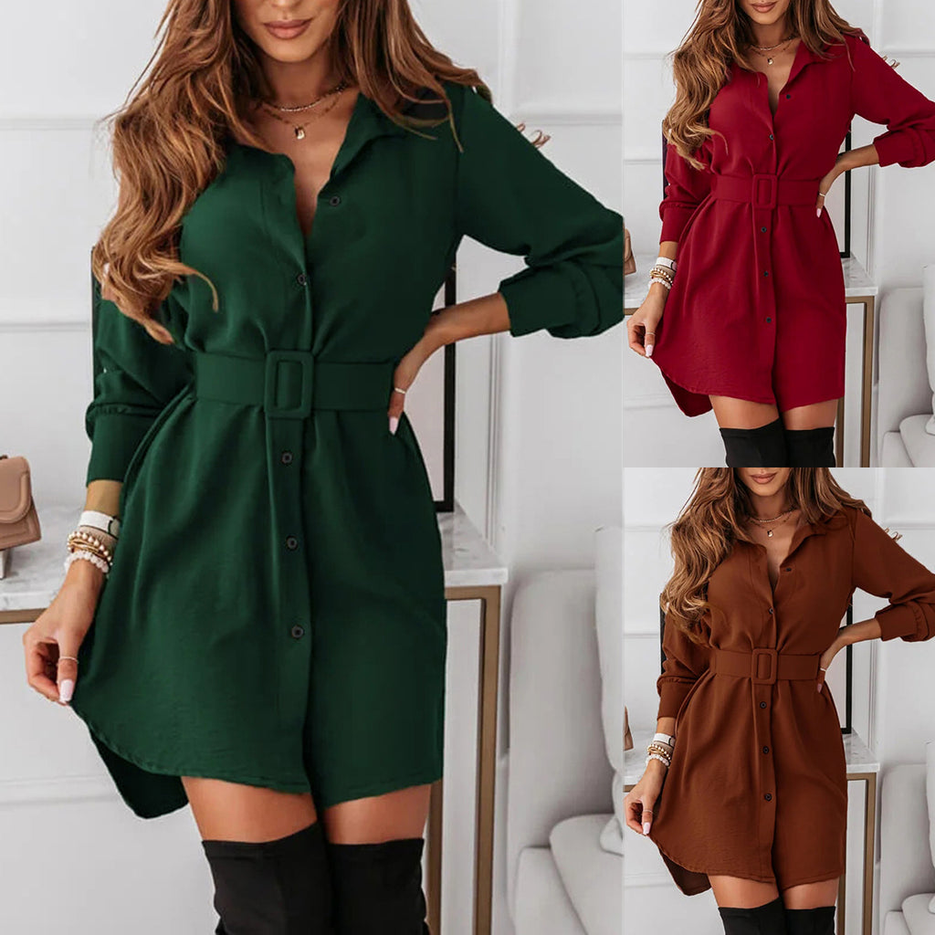 Vestido camisero elegante de manga larga con cinturón