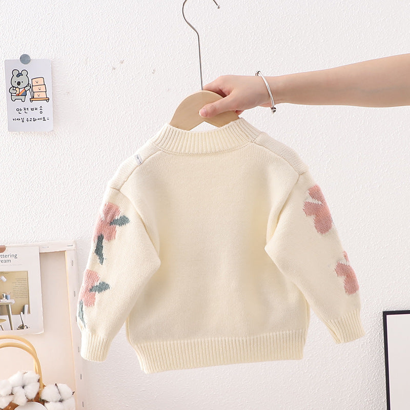 Girls Sweater with Small Flowers Black or Ecru