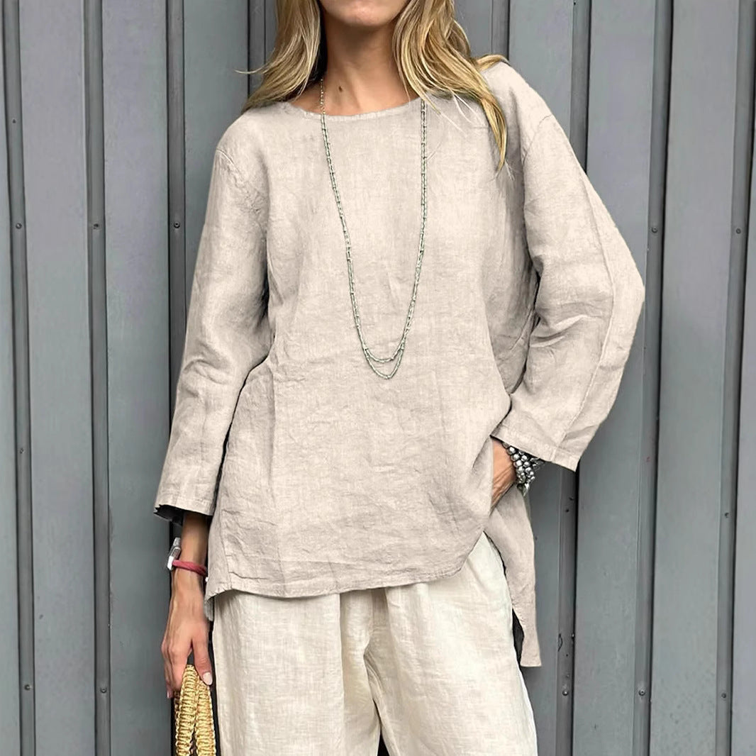 Blusa de algodón y lino con cuello redondo y manga larga
