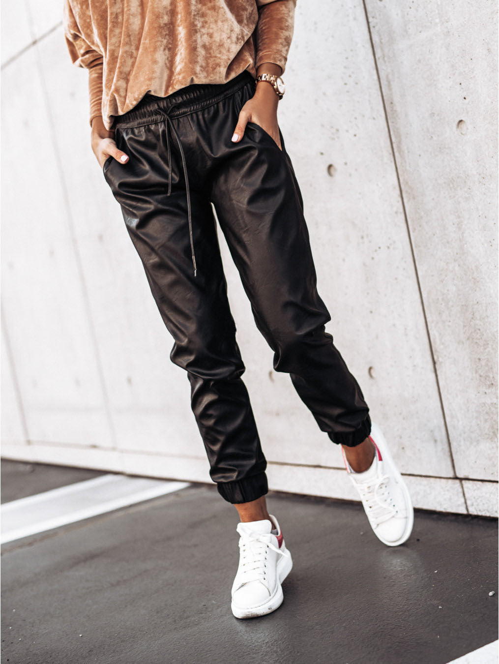 Fitted Faux Leather Pants with Tie Waist