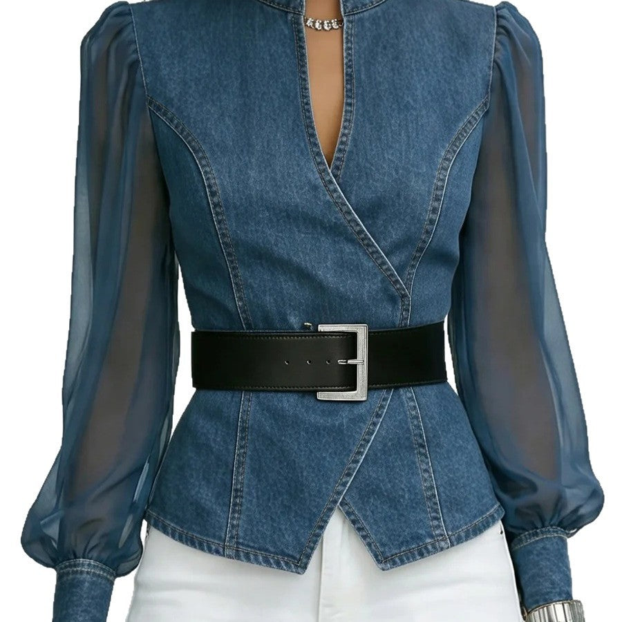 V-Neck Lace Top with Long Sleeves