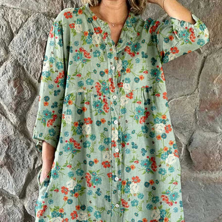 Vestido camisero estampado con cuello redondo y manga larga