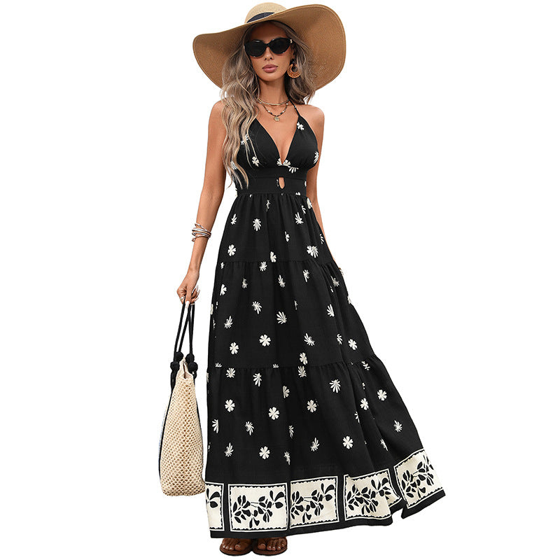Long Printed Dress with Halter Neckline
