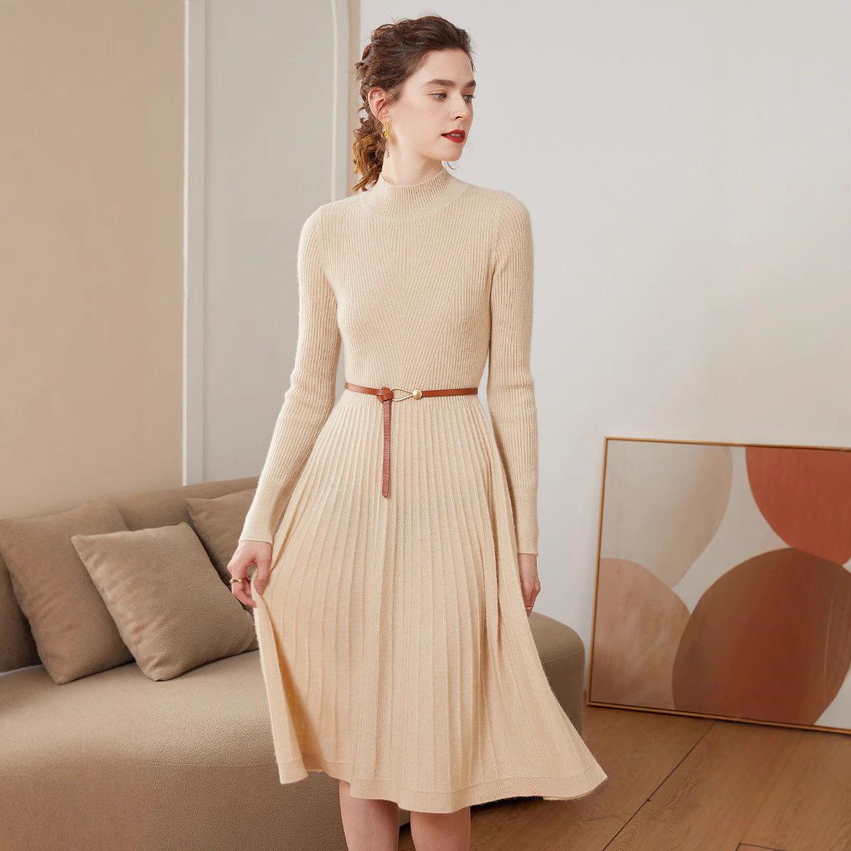 Vestido Sólido de Largo Medio, Elegante y Cómodo