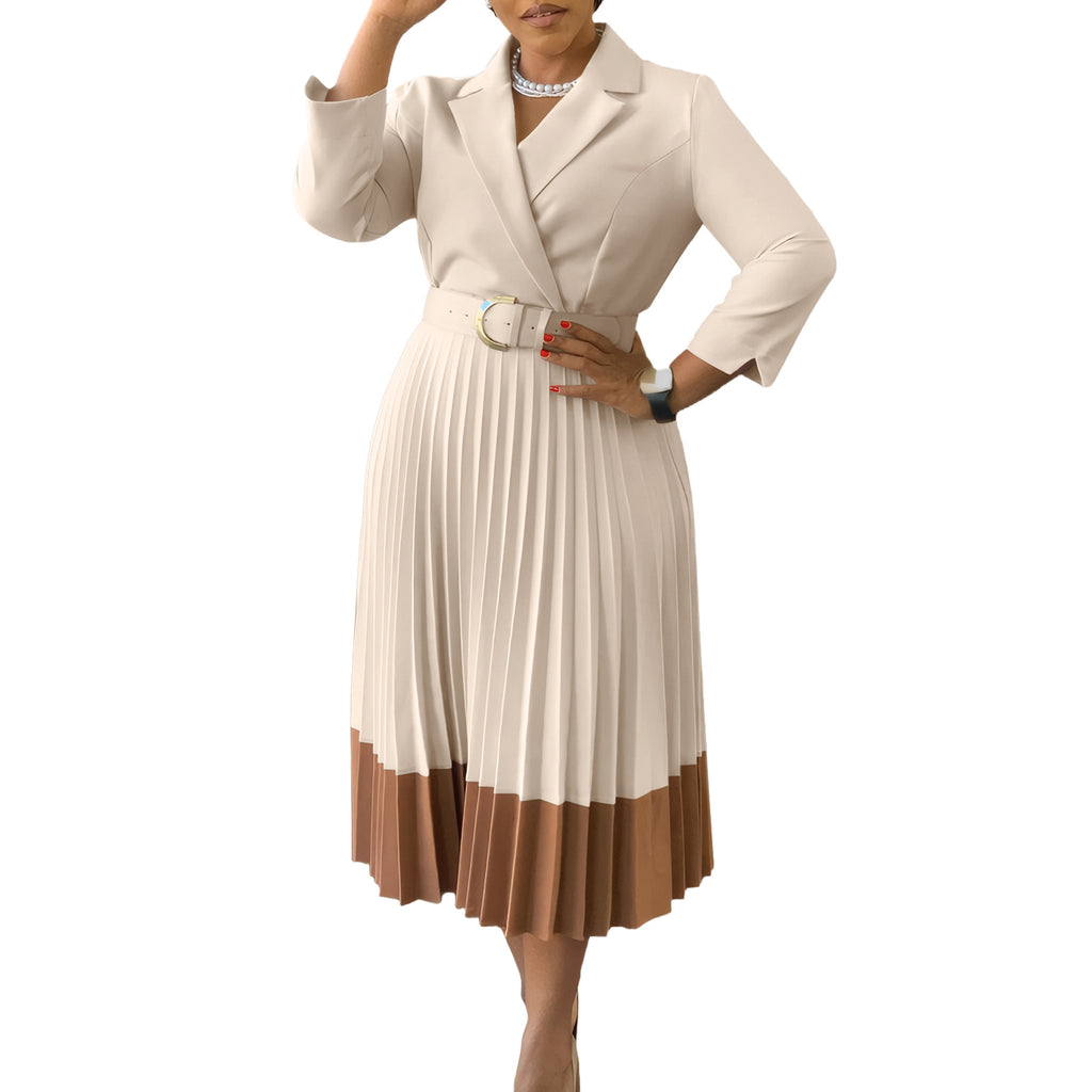 Robe midi plissée élégante pour femme avec col et ceinture