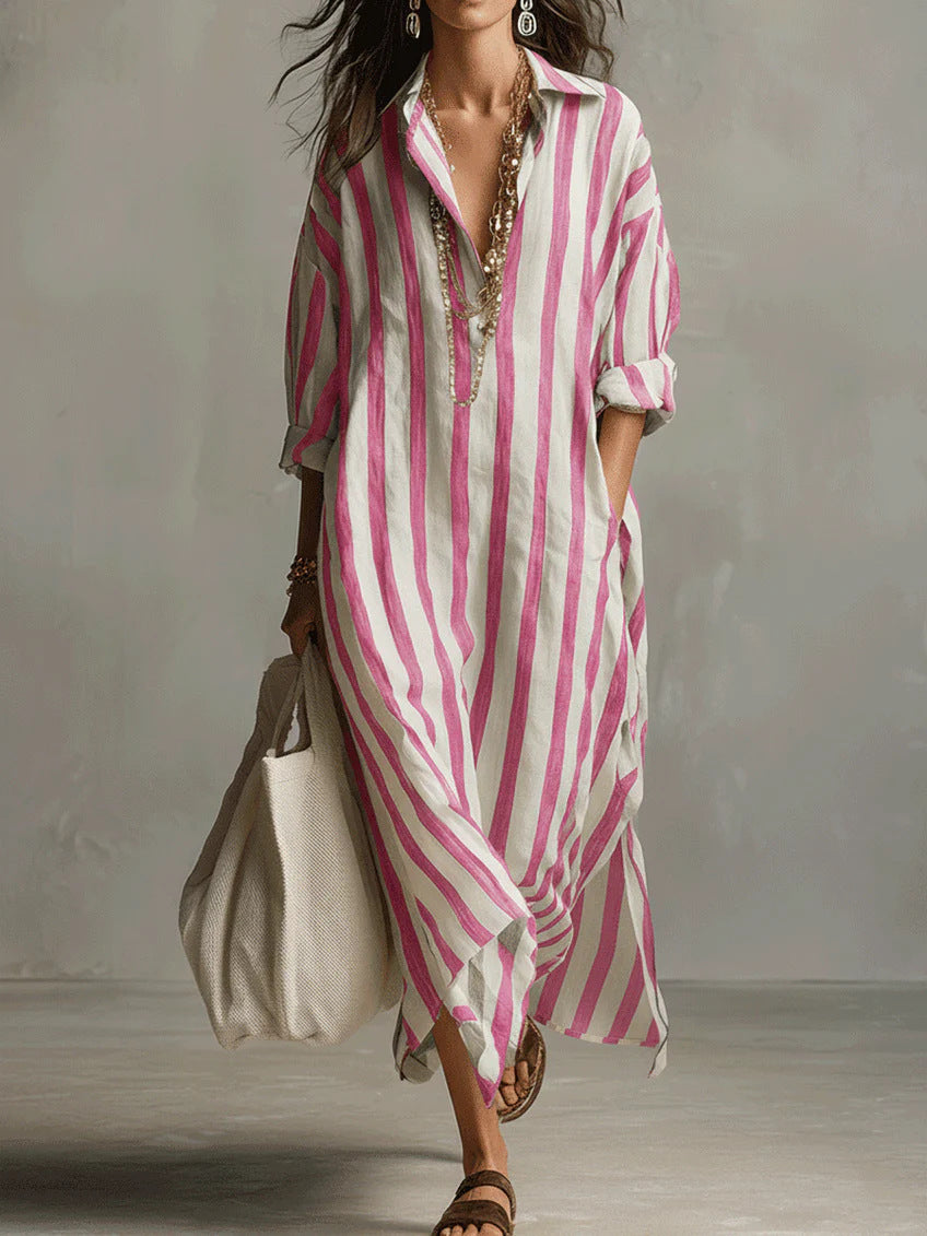 Vestido largo camisero de rayas con cuello en V