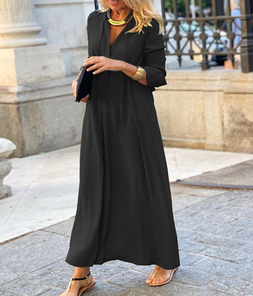 Long V-Neck Shirt Dress with Long Sleeves