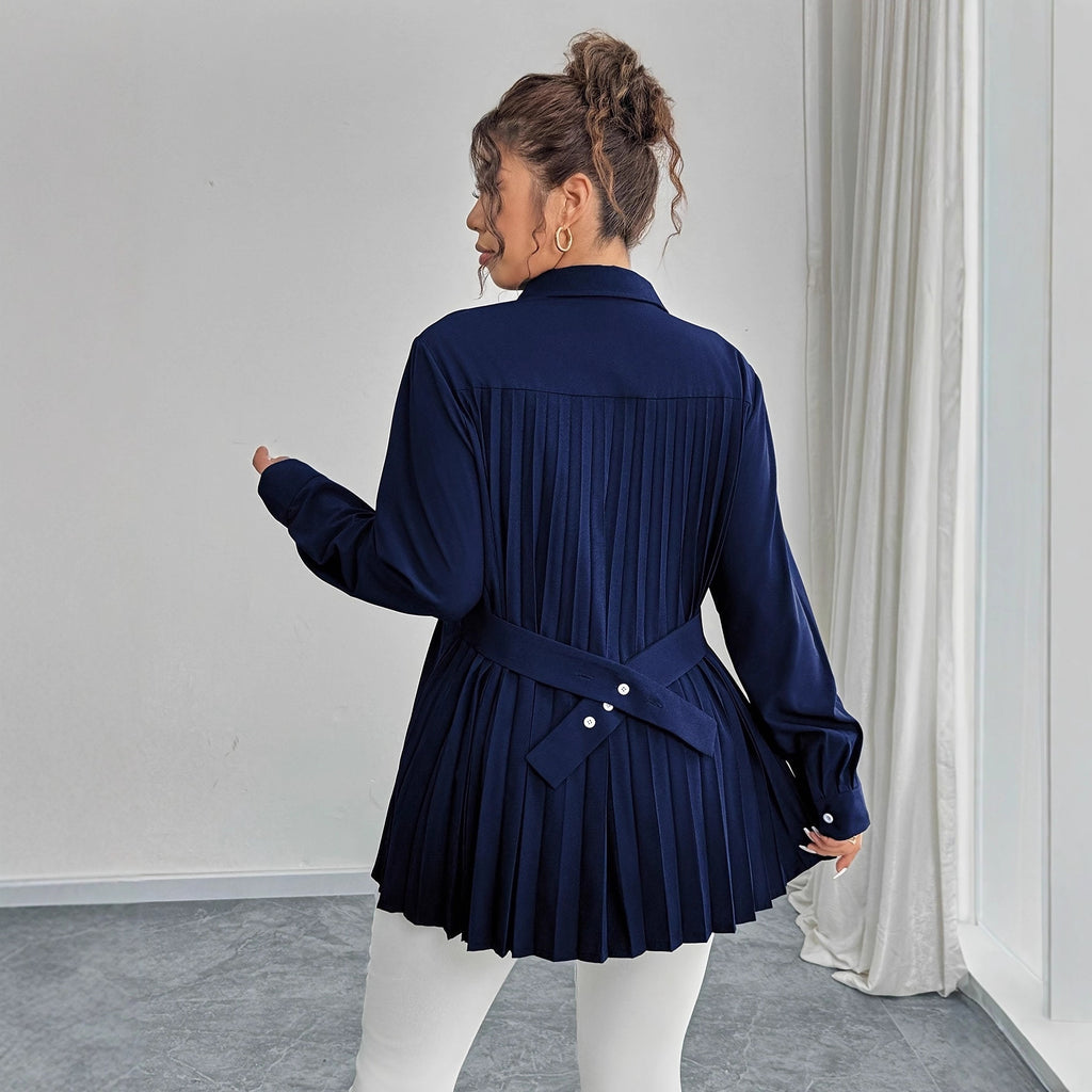 Elegant Waist-Pleated Solid-Color Shirt for Women
