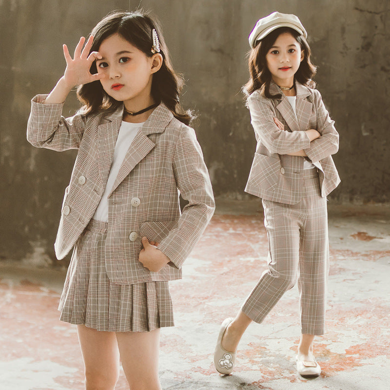 Girls’ Double-Breasted Plaid Suit Set