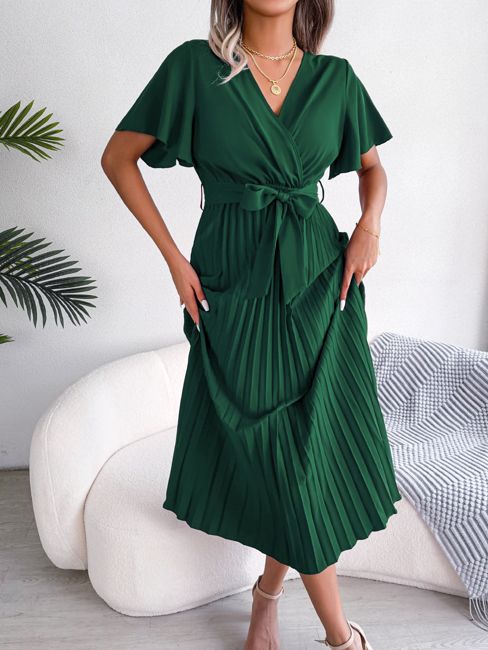 Long Pleated Fluid Dress with Crossover Neckline