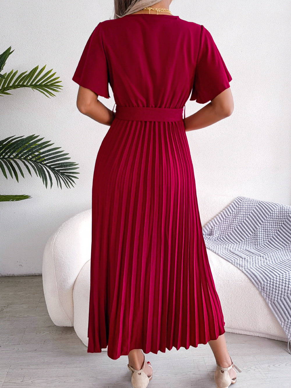 Long Pleated Fluid Dress with Crossover Neckline
