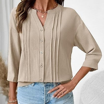 Pleated Cotton-Linen Loose Shirt for Women