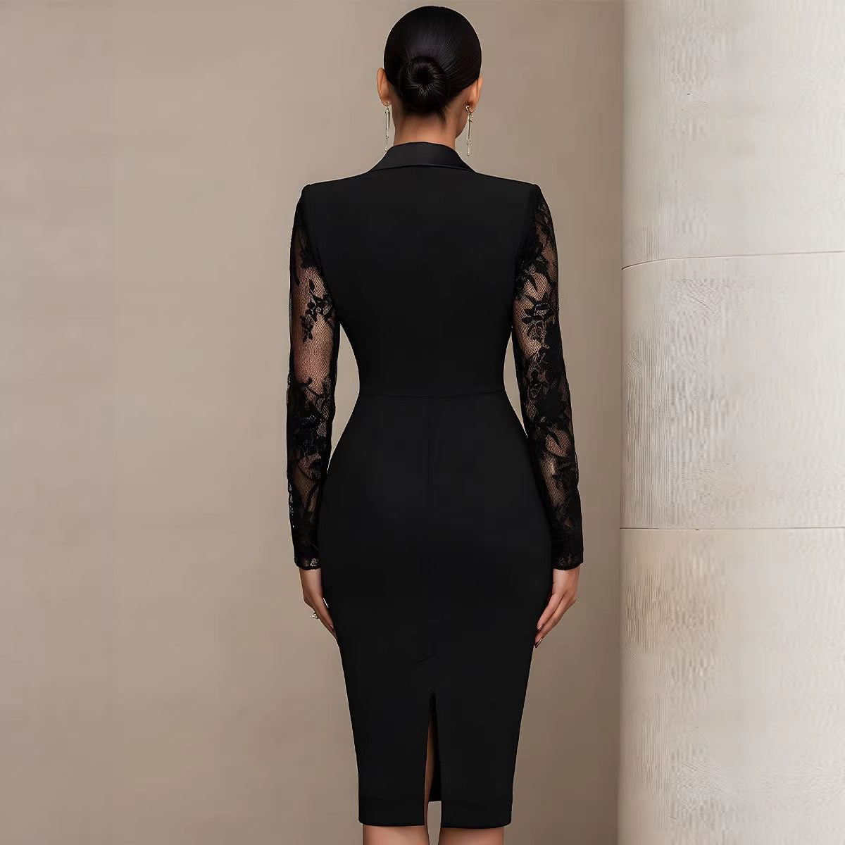 Fitted Lace Dress with V-Neck and Long Sleeves