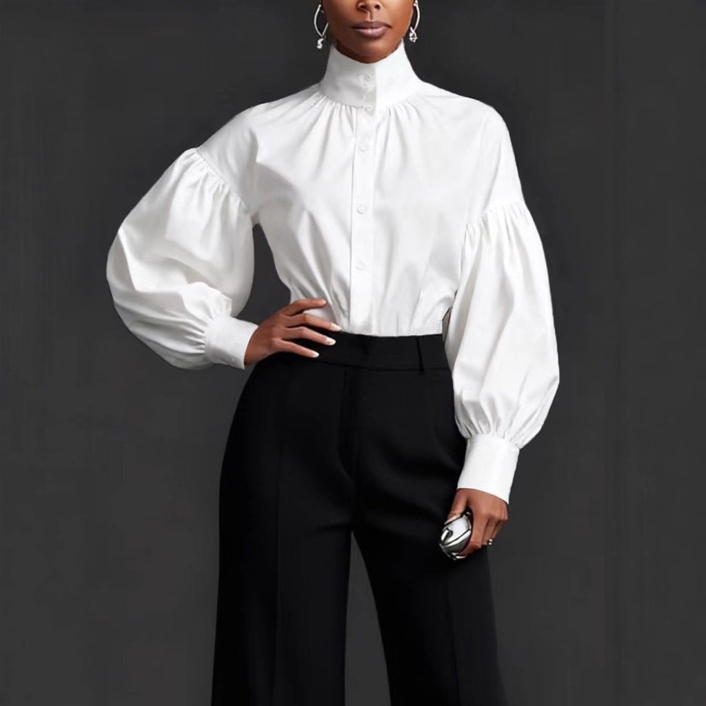 Elegant Pleated High-Neck Blouse with Puff Sleeves