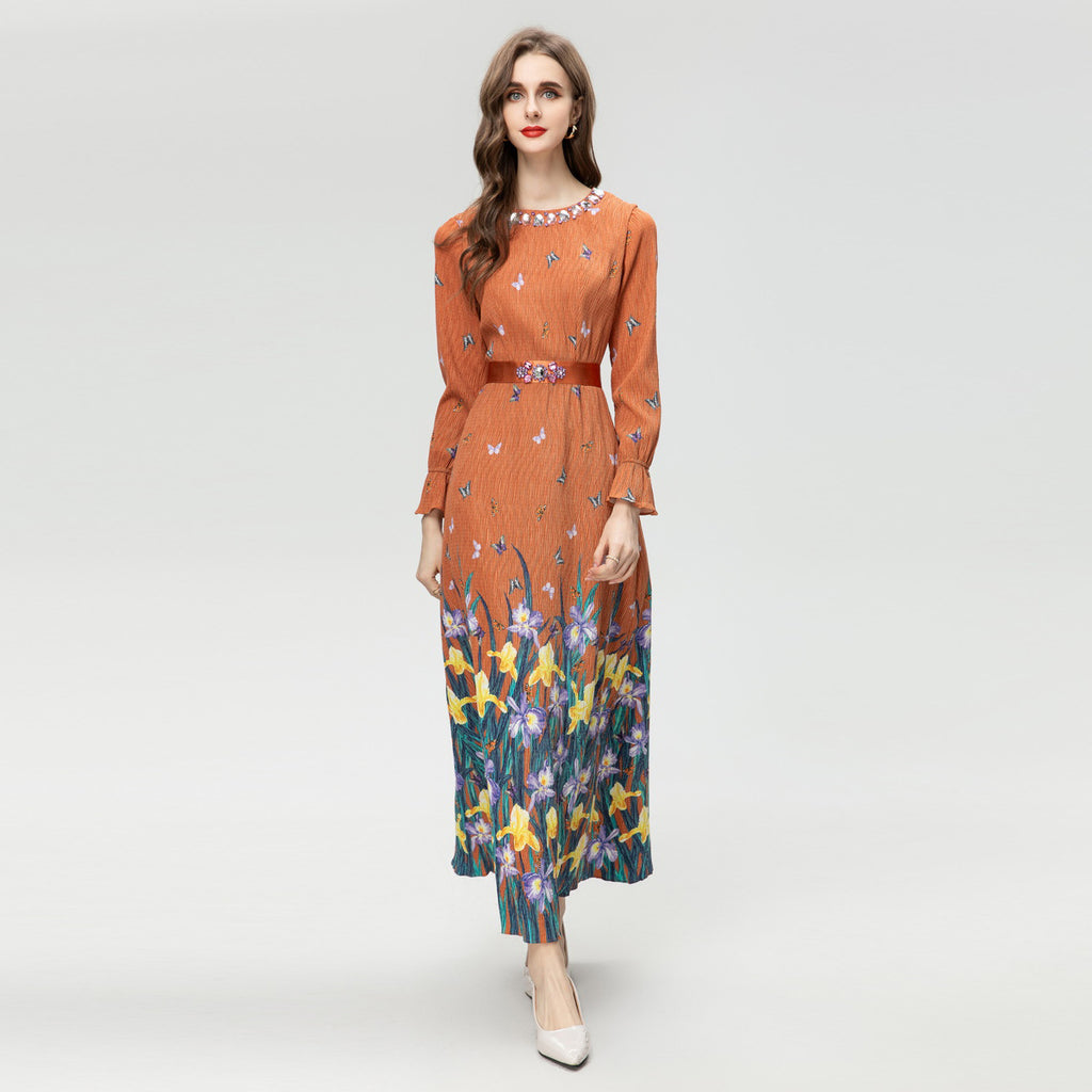 Elegant Long Sleeve Dress with Embellished Waist
