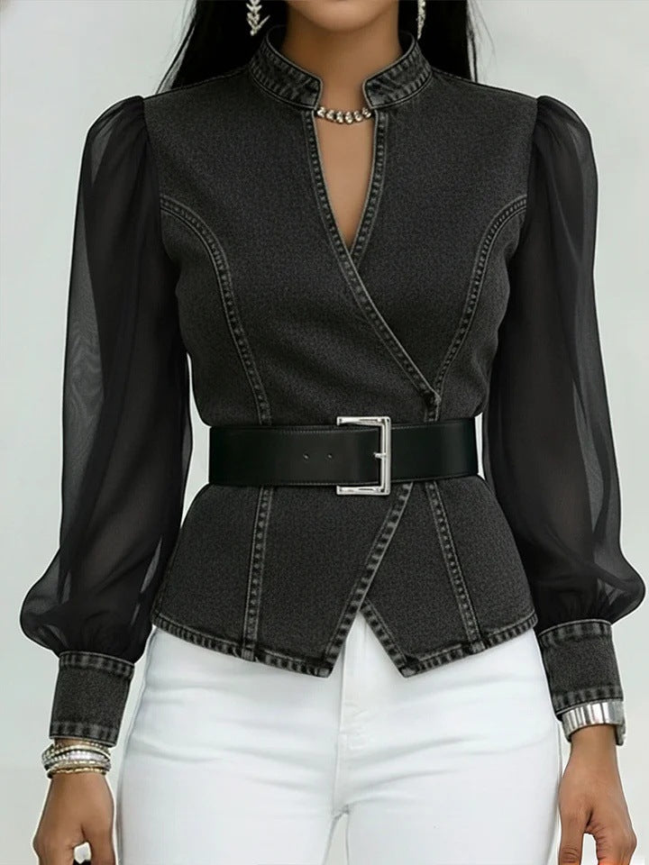 V-Neck Lace Top with Long Sleeves