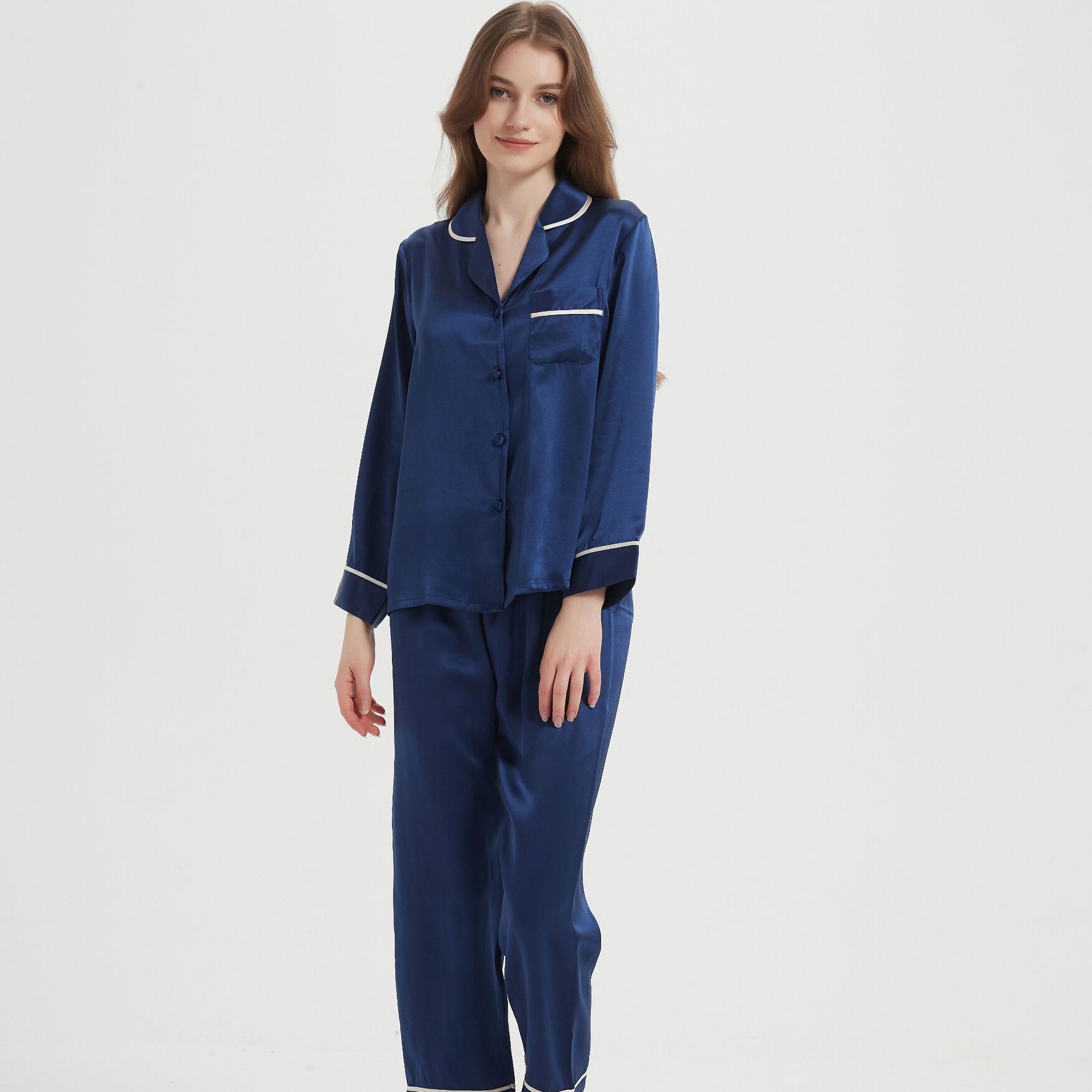 Conjunto de Pijama de Seda de Manga Larga para Mujer