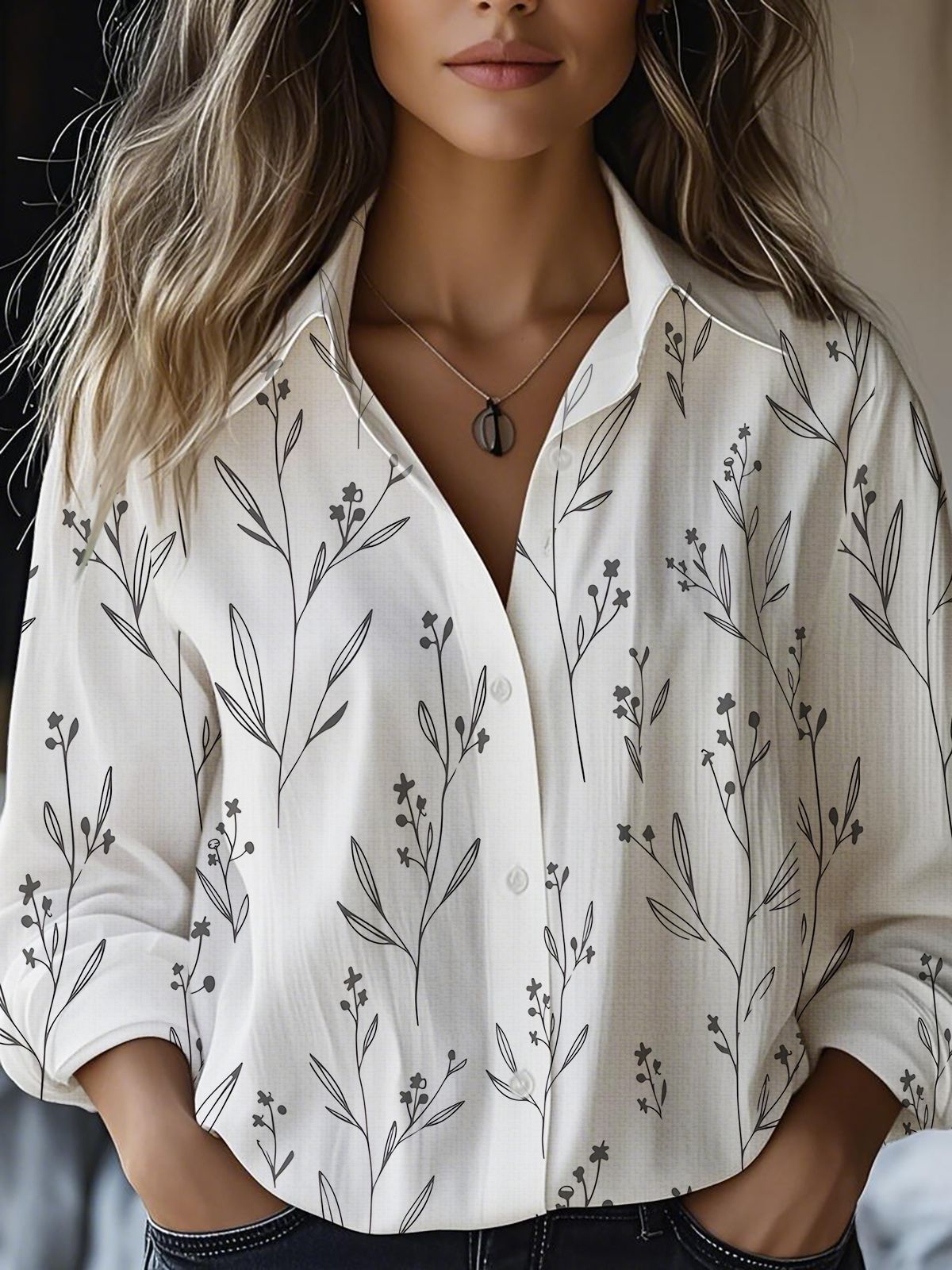 Blusa floral de manga larga en mezcla de lino