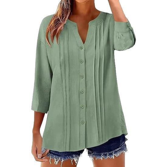 Pleated Cotton-Linen Loose Shirt for Women