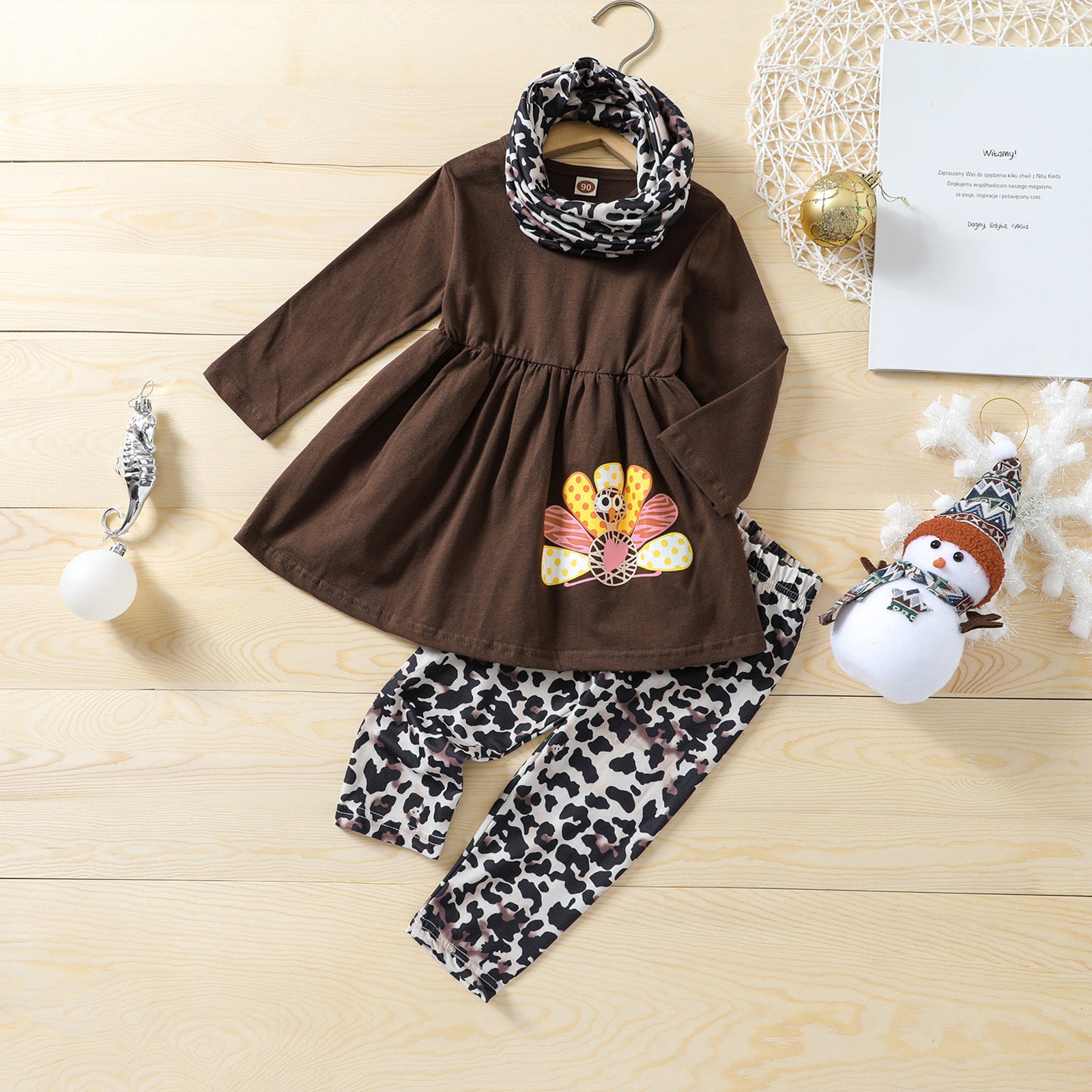 Fall 3-Piece Girls Set Printed Top, Pants & Scarf
