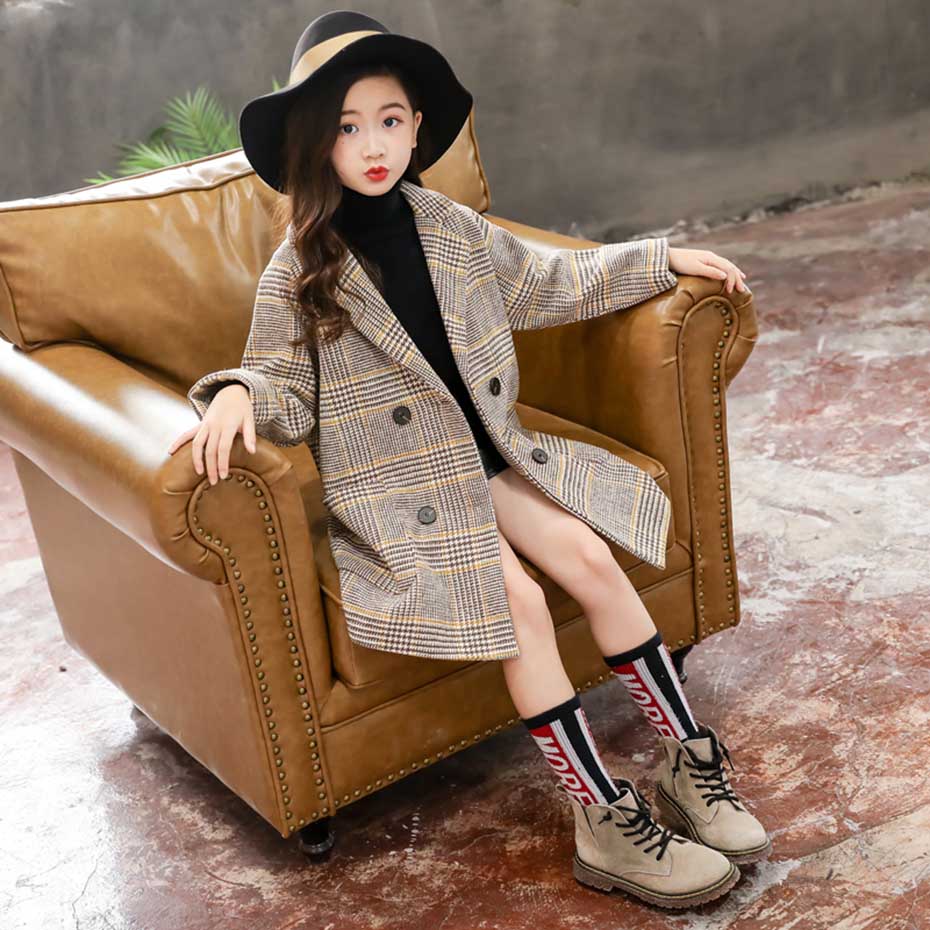 Girls’ Plaid Wool Blend Coat
