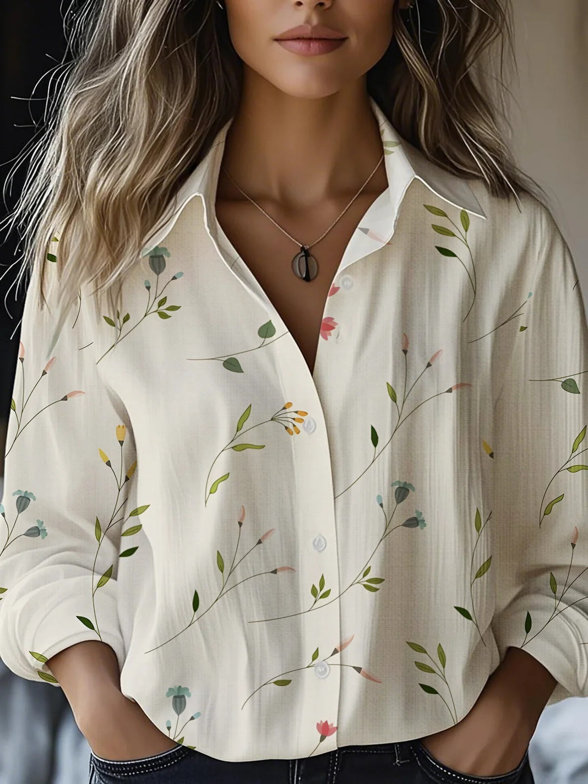 Blusa floral de manga larga en mezcla de lino