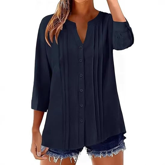 Pleated Cotton-Linen Loose Shirt for Women