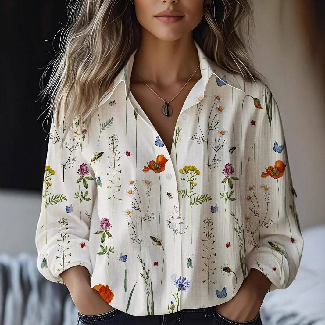 Blusa floral de manga larga en mezcla de lino