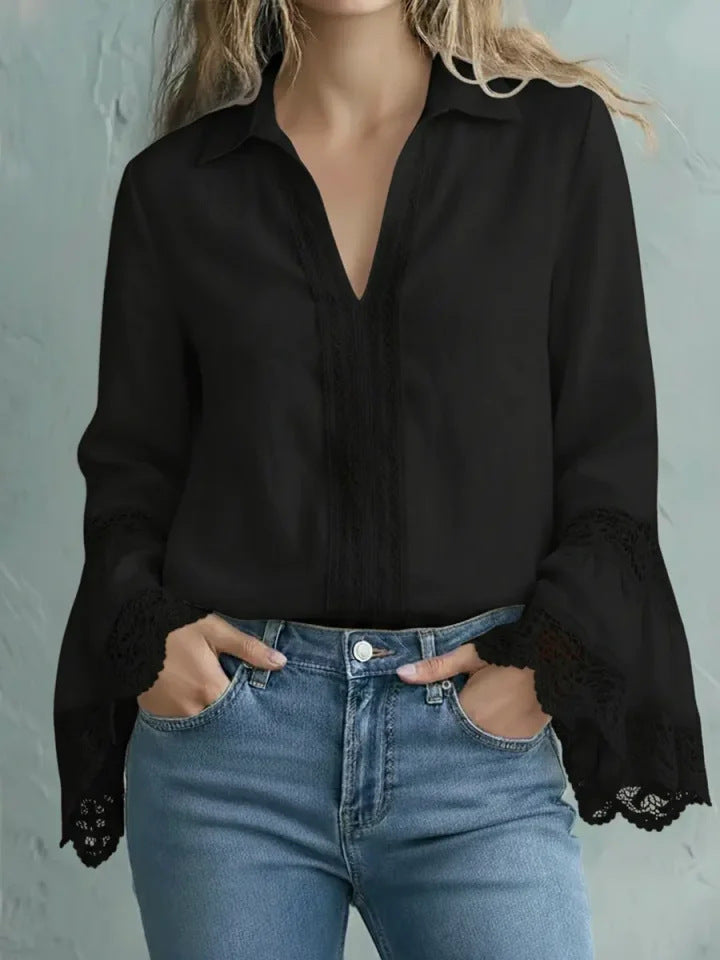 Blusa elegante de mezcla de algodón con acabados de encaje