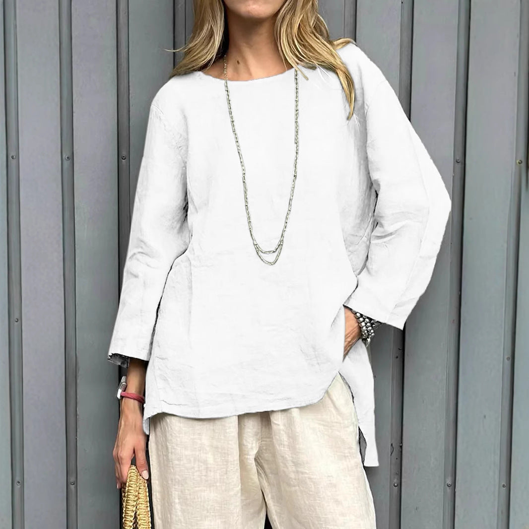 Blusa de algodón y lino con cuello redondo y manga larga