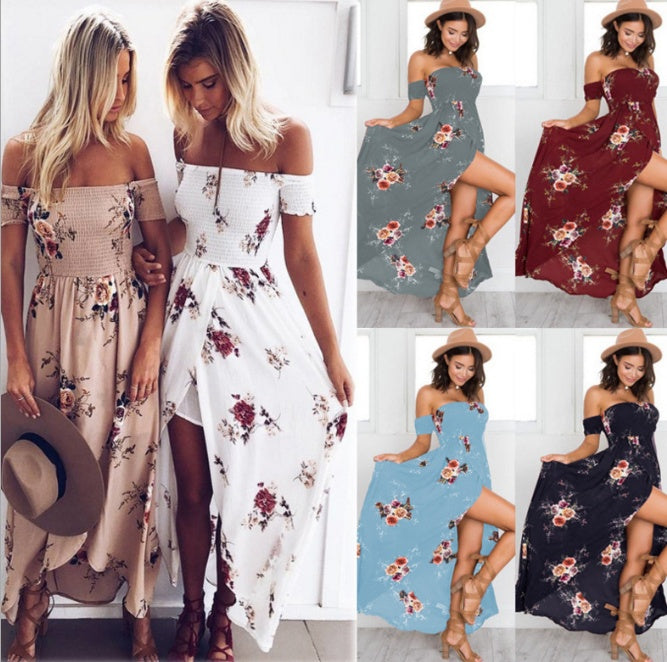 Vestido largo bohemio con hombros descubiertos
