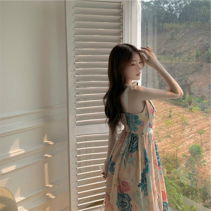 Floral Midi Dress with Straps and Cutout Shoulders