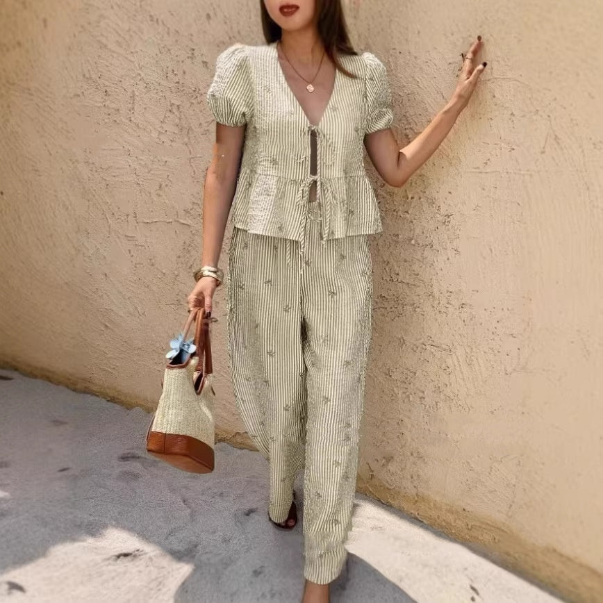 Chic Striped Set: Puff Sleeve Shirt and Long Pants