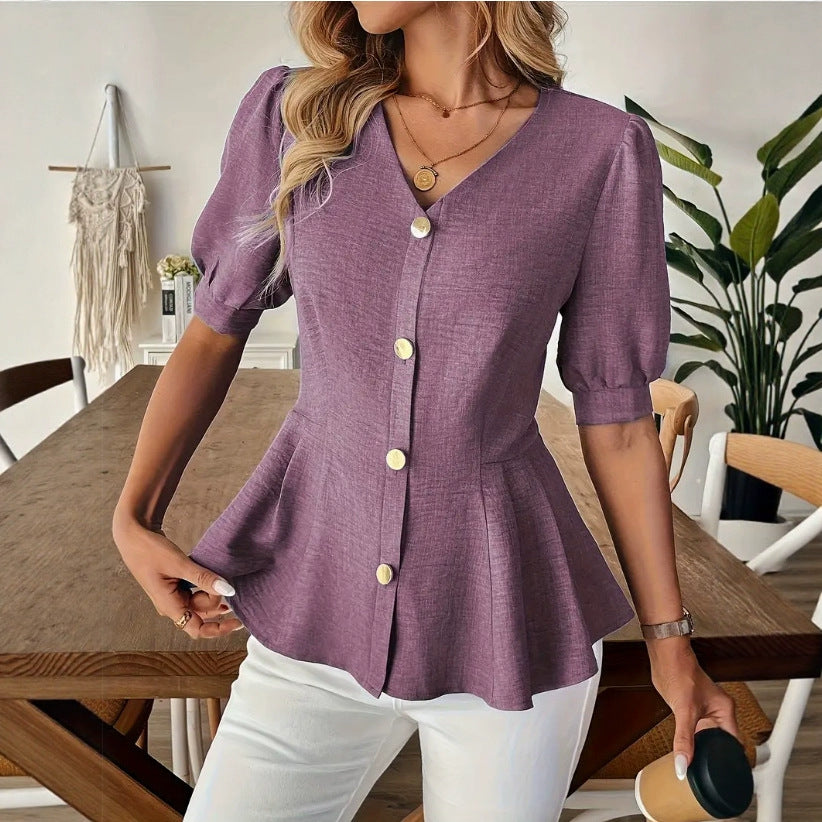 Elegante blusa de cuello en V entallada para mujer