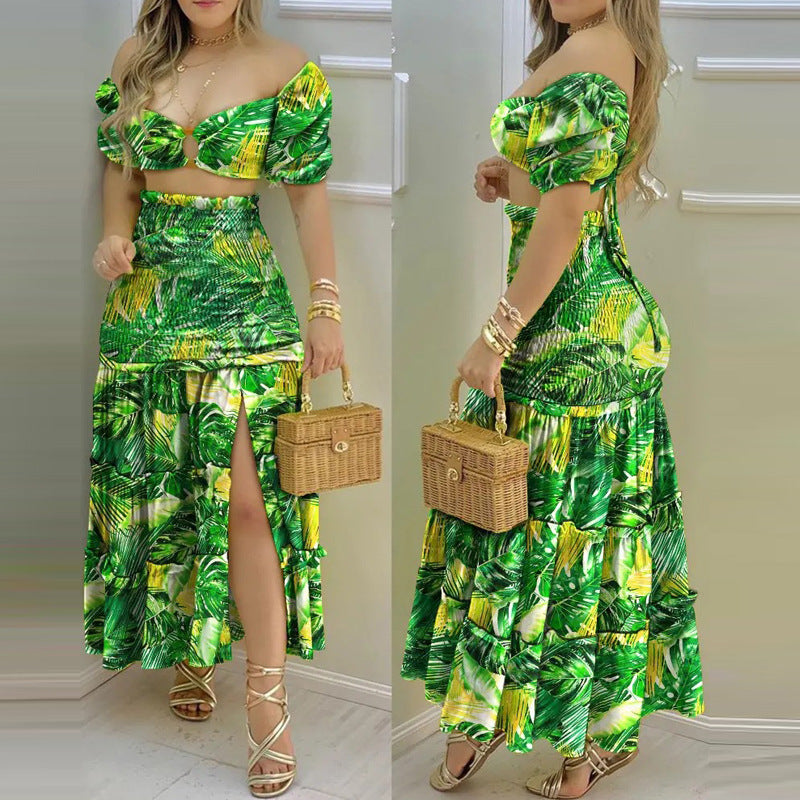 Printed Set with Puff Sleeves and Midi Slit Skirt