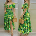 Printed Set with Puff Sleeves and Midi Slit Skirt