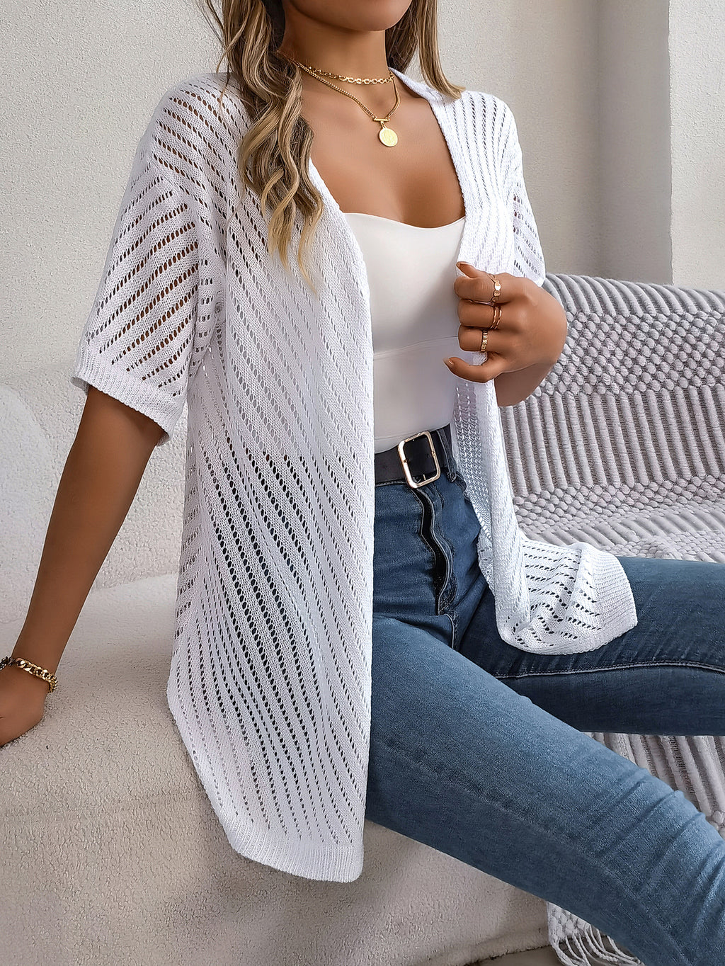 Long Open-Knit Cardigan with Vertical Stripes and Short Sleeves