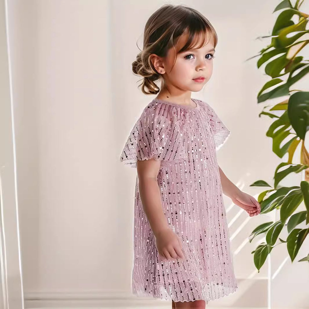 Girls Sequin Princess Dress Short Sleeves (Pink or Apricot)