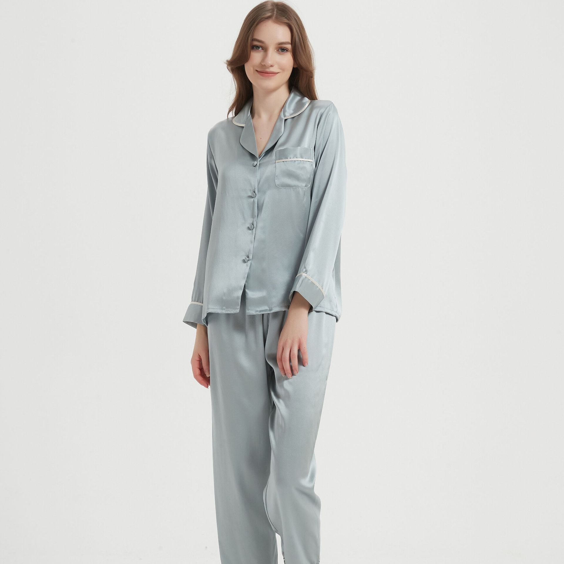 Conjunto de Pijama de Seda de Manga Larga para Mujer