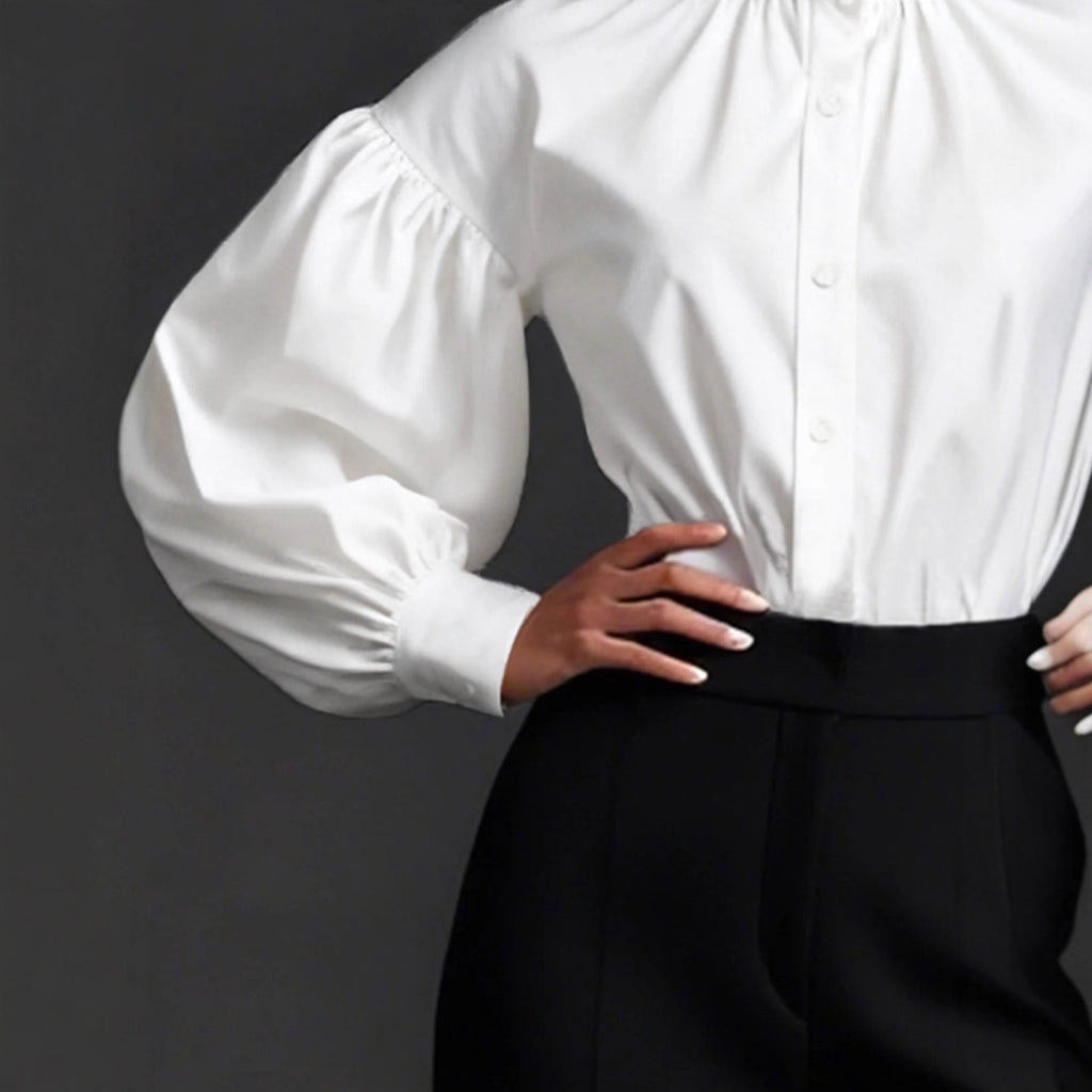 Elegant Pleated High-Neck Blouse with Puff Sleeves