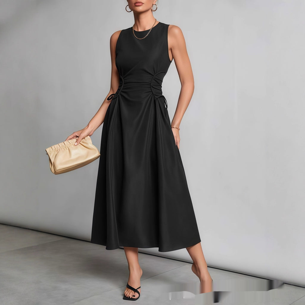 Pleated Maxi Dress with Defined Waist and Flared Cut