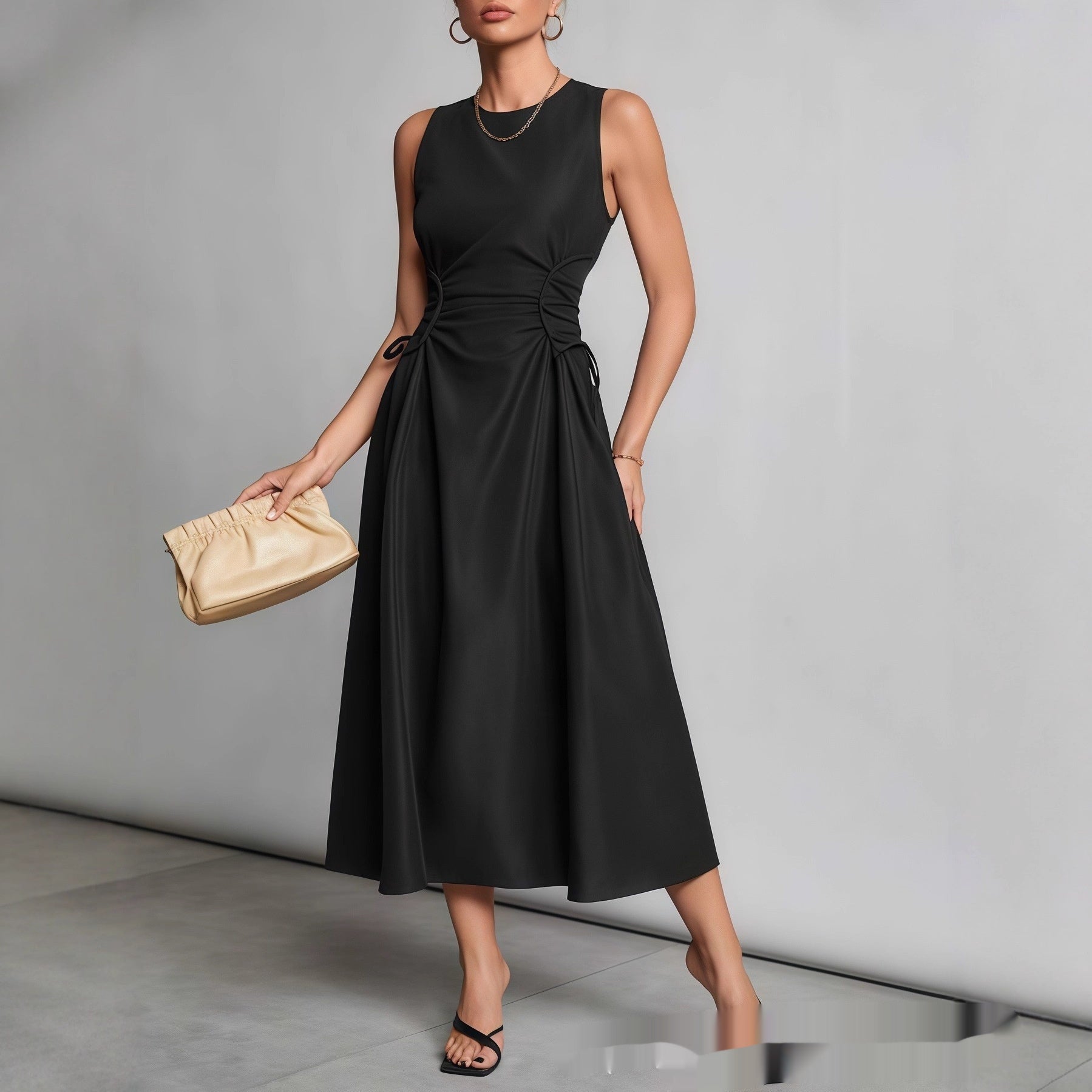 Pleated Maxi Dress with Defined Waist and Flared Cut