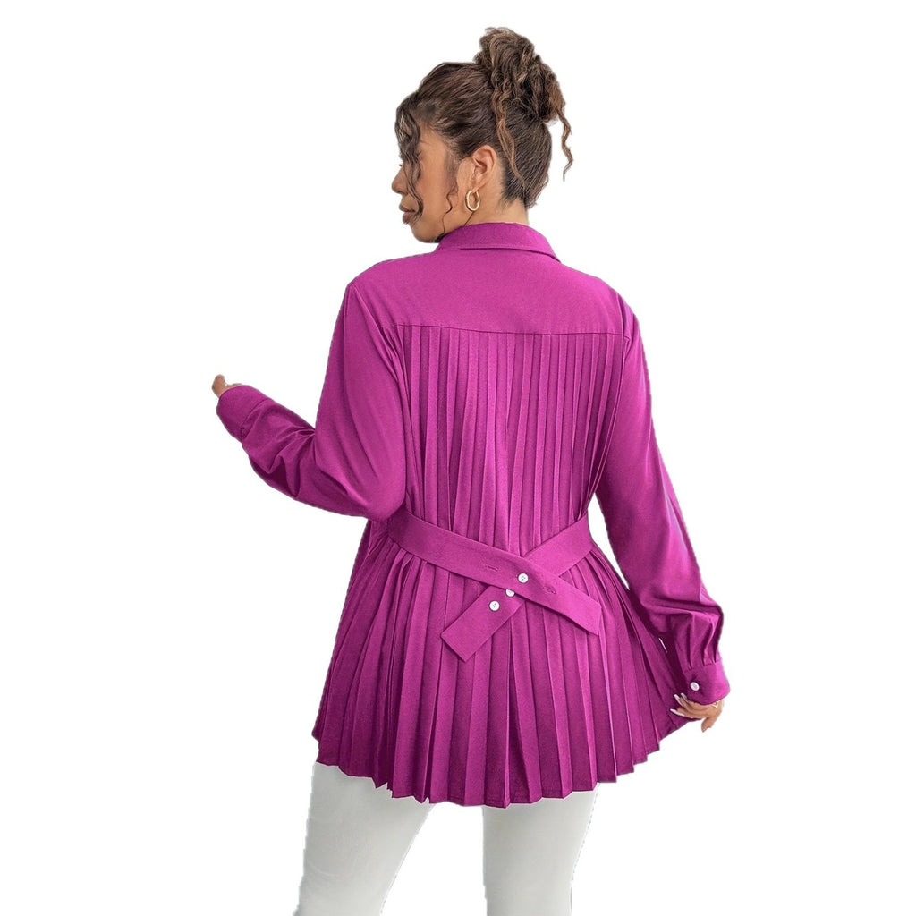 Elegant Waist-Pleated Solid-Color Shirt for Women
