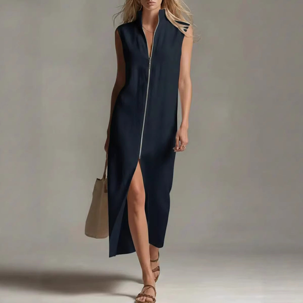 Vestido largo sin mangas con cuello alto de cremallera y abertura