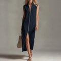 Vestido largo sin mangas con cuello alto de cremallera y abertura