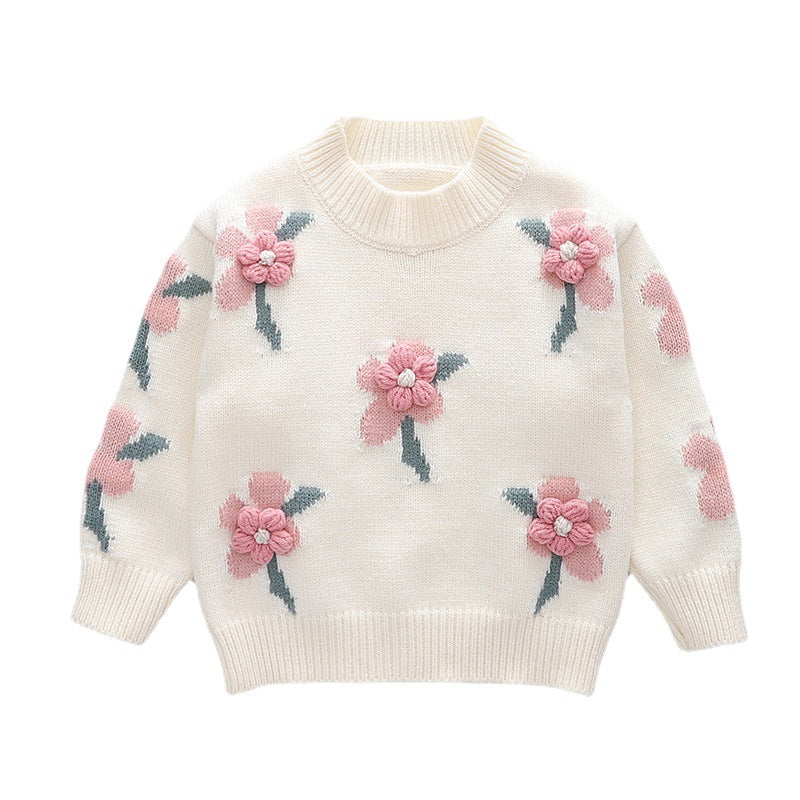 Girls Sweater with Small Flowers Black or Ecru