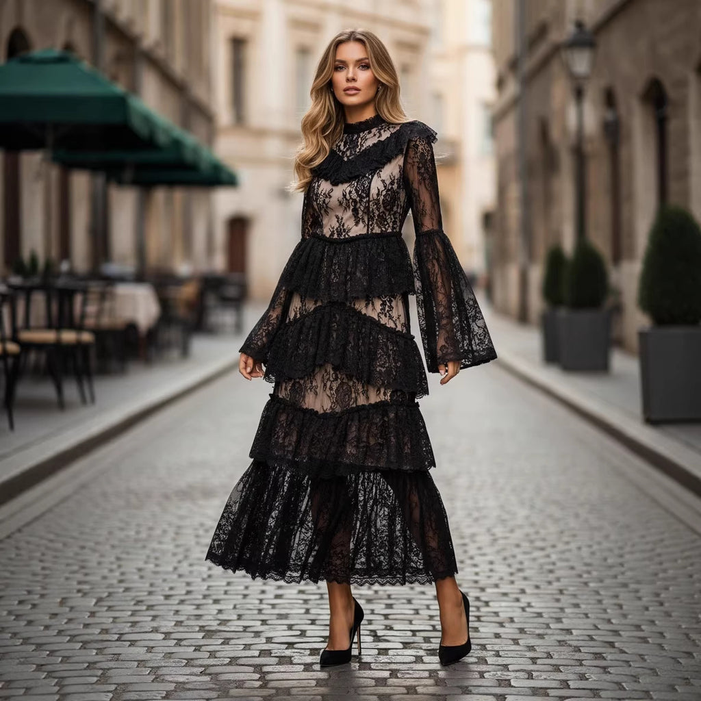 Long Dress with Mock Neck, Lace and Puff Sleeves